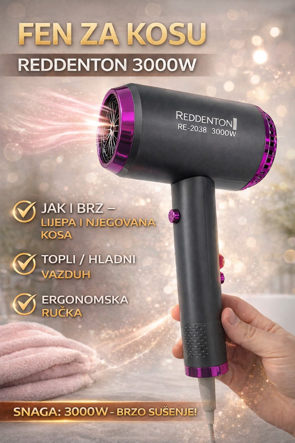 Fen za kosu Reddenton 3000W – Brzo sušenje i njegovana kosa