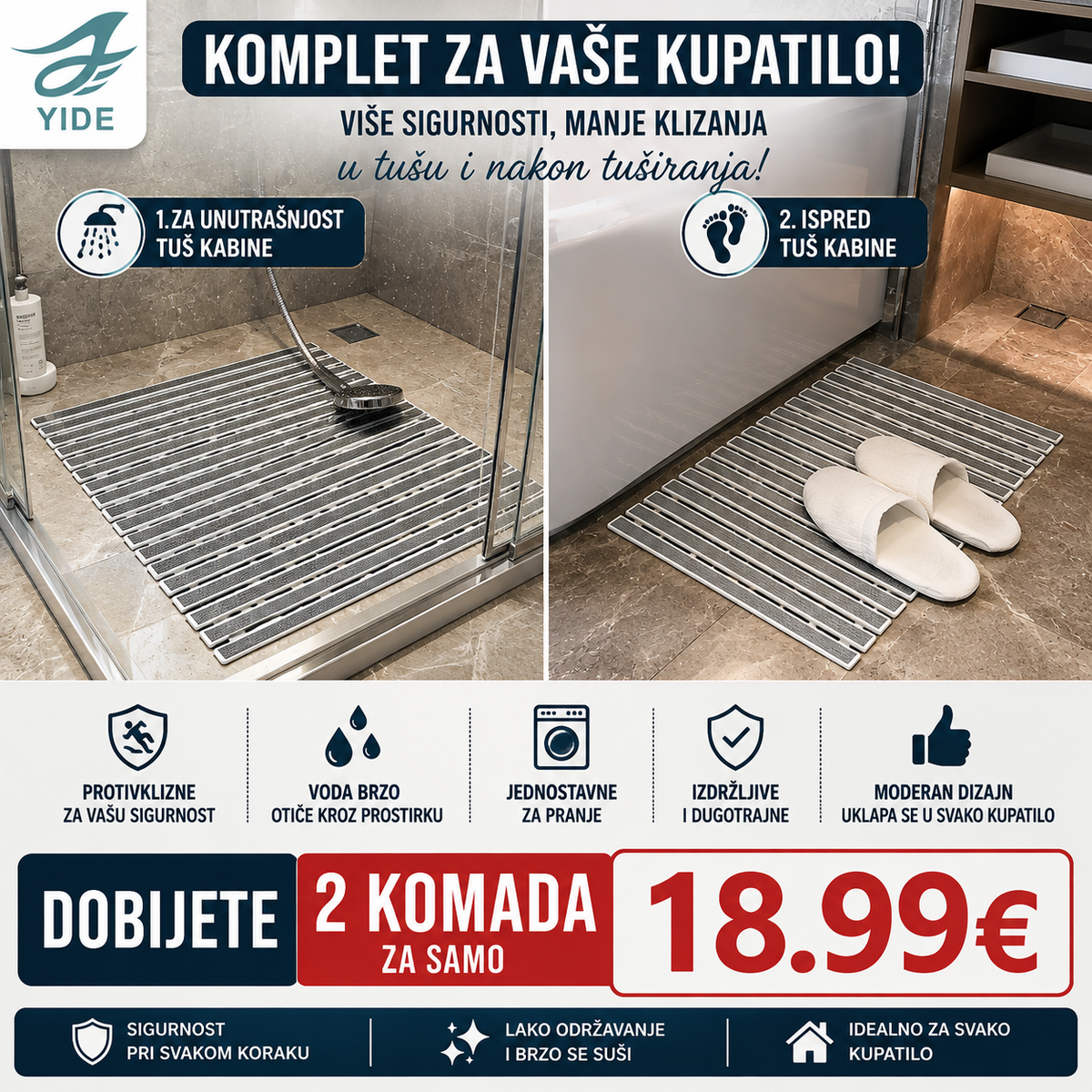 Podloga za kupatilo od WPC letvica – 60 × 40 cm set od 2 komada